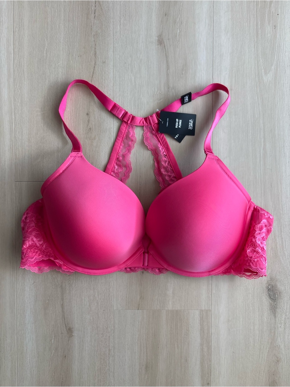Torrid 44D Pushup Plunge Bra Neon Pink Lace Racerback Front Close NWT